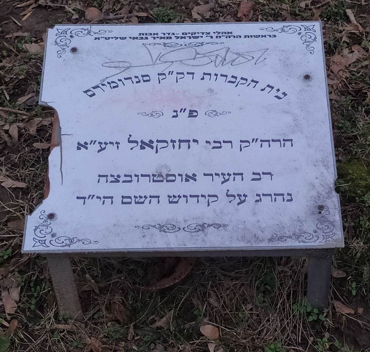 Sign in Sandomierz Jewish Cemetery stating: Cemetery of the holy community of Sandomierz, Here lies the Holy Rabbi Yechezkel , Rabbi of Ostrowiec, Killed on "Kiddush Hashem" , May his blood be avenged.