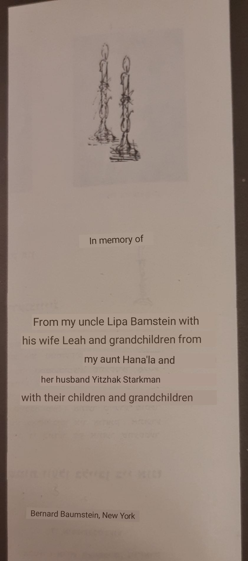 Translations of Memorial Ad donated by Bernard Baumstein about Lipa and other relatives -Yizkor Book 1971