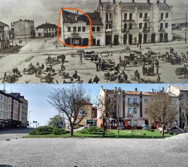 Top: Rynek 30 in pre Holocaust era, Bottom: Rynek 30 building no longer exists but now a public area near the Rynek  (photo courtesy of Wojtek Mazan)